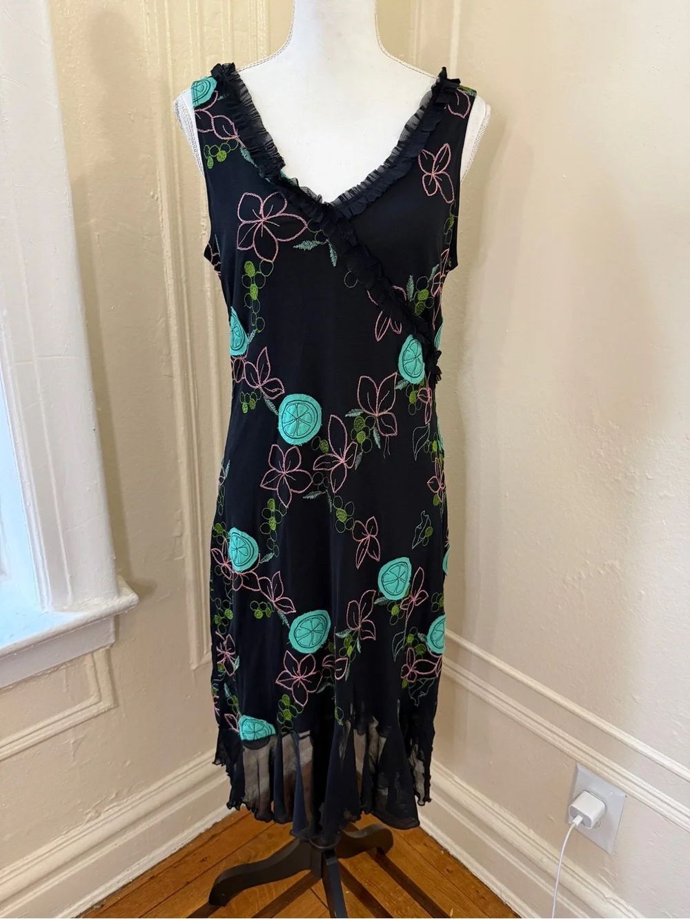 Y2K Black Midi Slip Dress with Whimsigoth Flirty Coquette Girl Pattern